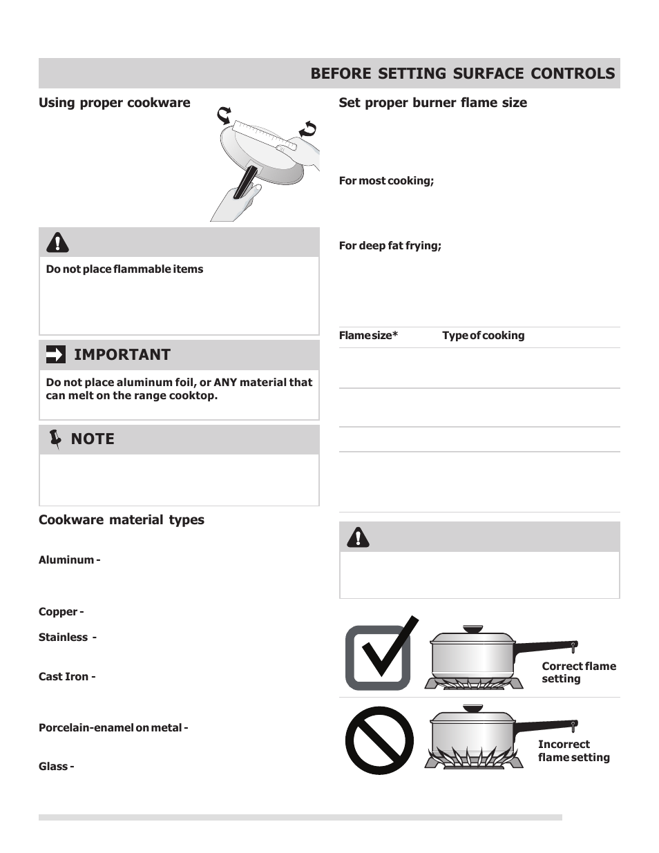 Before setting surface controls, Caution, Caution important | FRIGIDAIRE 316901213 User Manual | Page 9 / 24