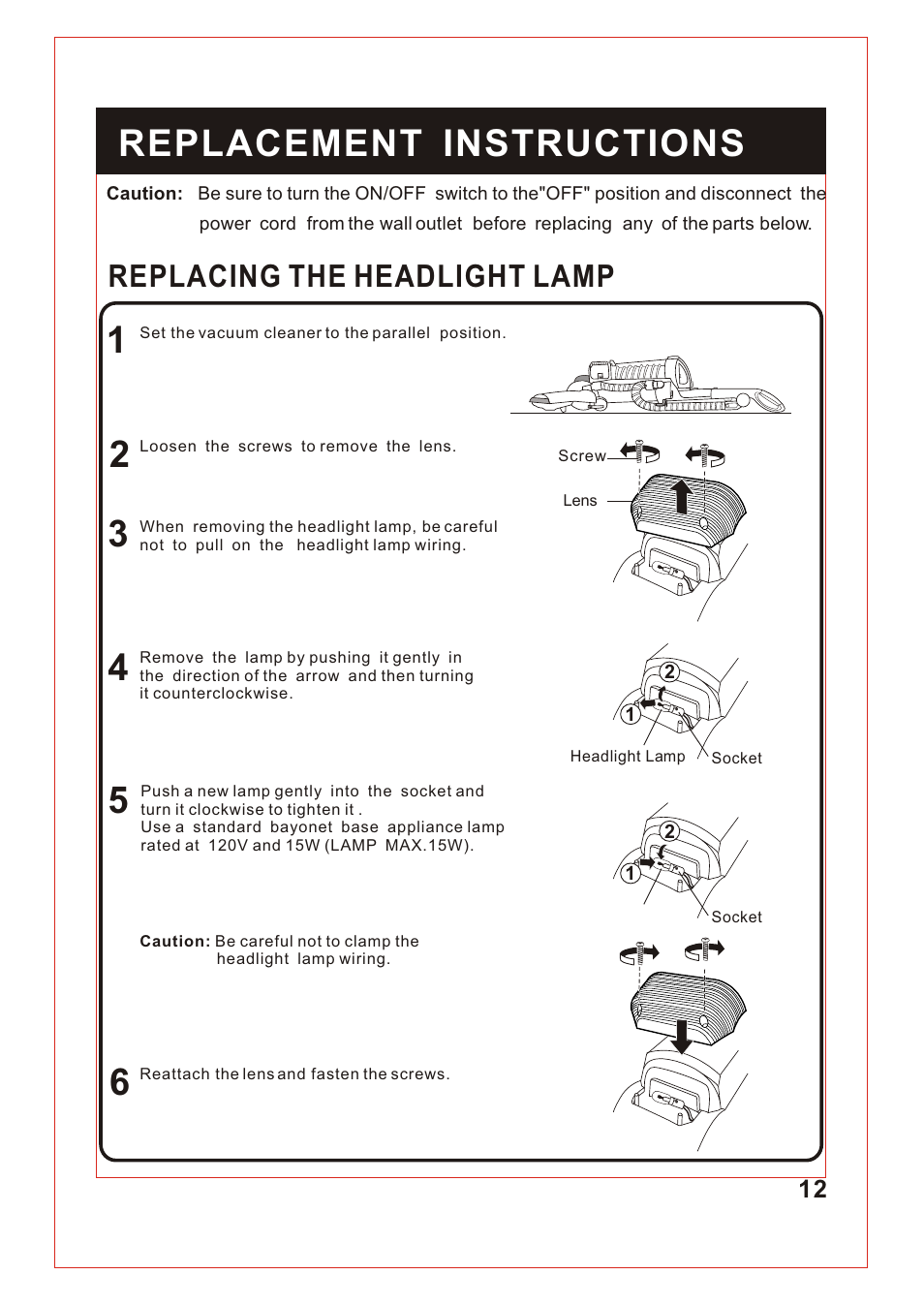 Т³гж 13, Replacement instructions, Replacing the headlight lamp | Fantom Vacuum FM741 User Manual | Page 13 / 18