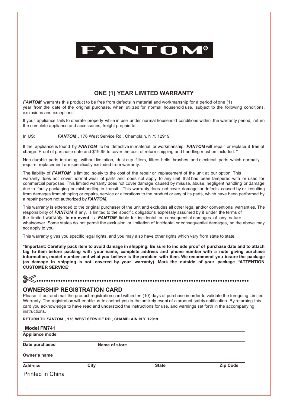 Т³гж 18, One (1) year limited warranty, Ownership registration card | Printed in china | Fantom Vacuum FM741 User Manual | Page 18 / 18