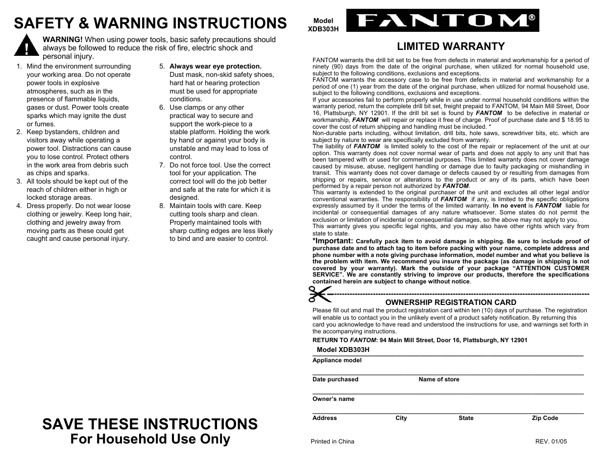 Safety & warning instructions, Save these instructions, For household use only | Limited warranty | Fantom Vacuum DRILL BIT SET XDB303H User Manual | Page 2 / 2
