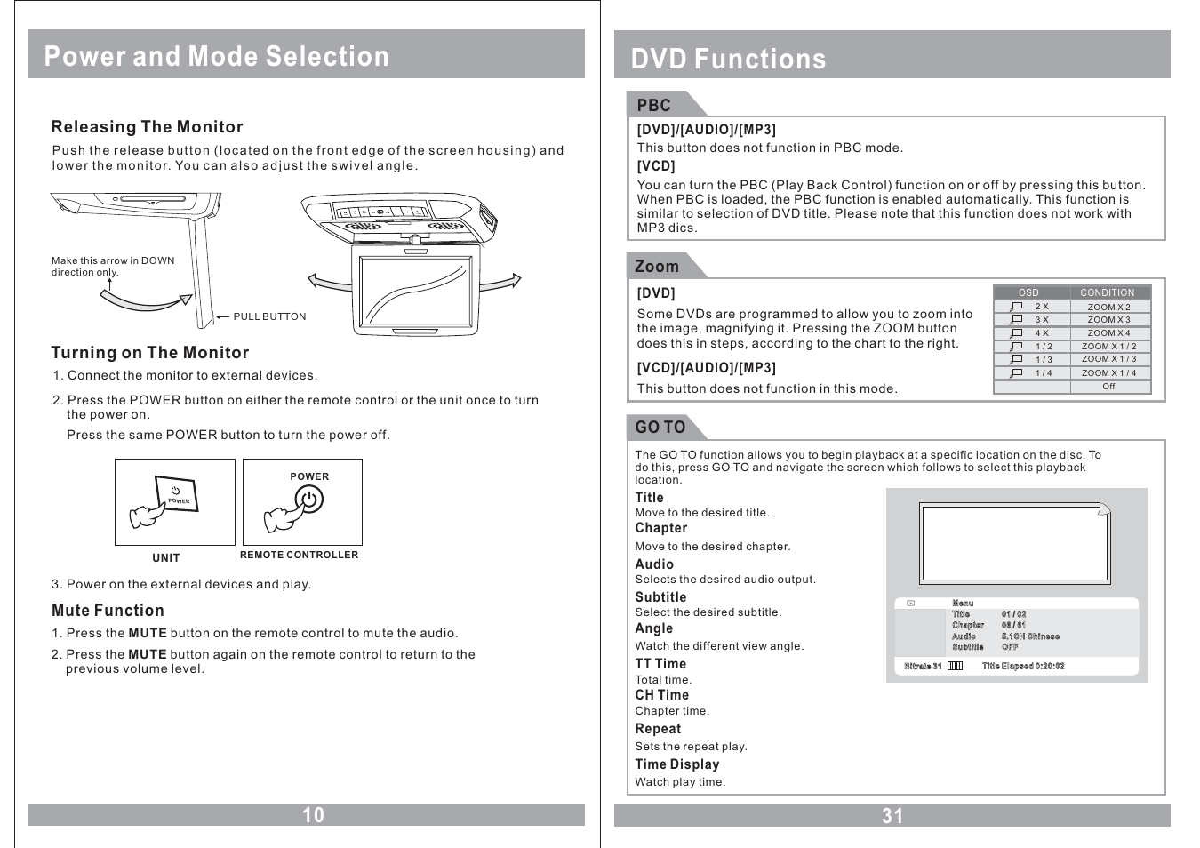 Power and mode selection, Dvd functions, Mplay av menu power | Farenheit Technologies COMBO MONITOR MD-1120CMX User Manual | Page 10 / 22