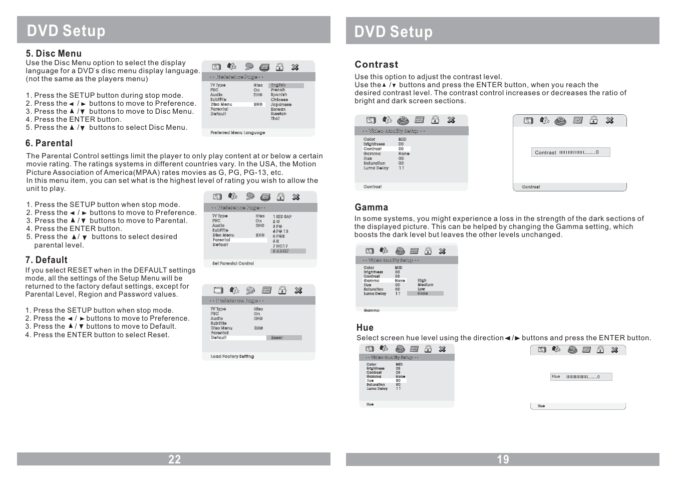 Dvd setup, Contrast, Disc menu | Parental, Default, Gamma hue | Farenheit Technologies COMBO MONITOR MD-1120CMX User Manual | Page 19 / 22