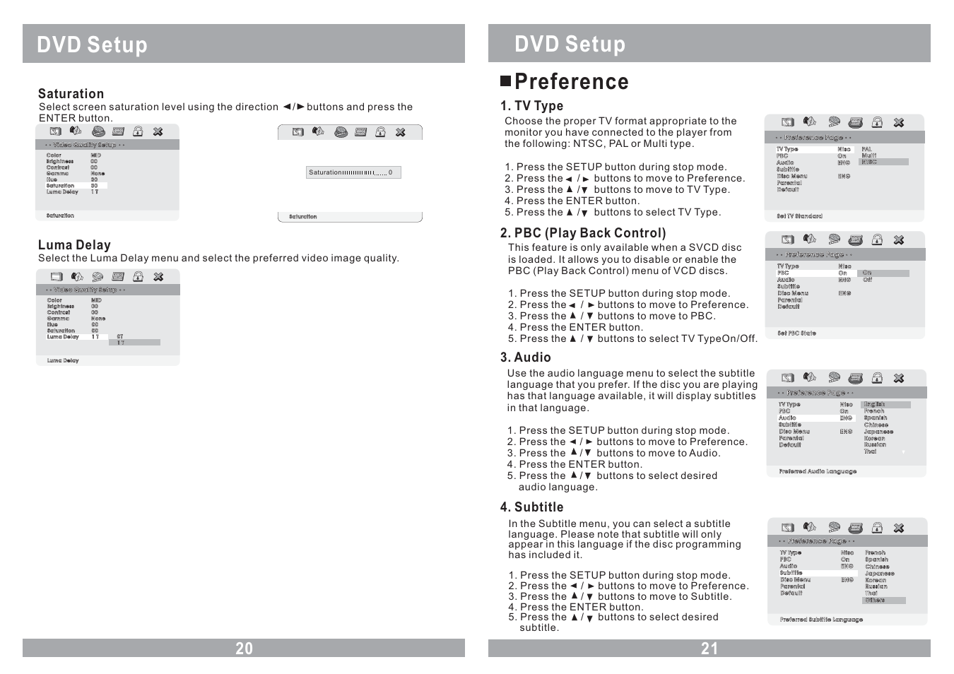 Dvd setup, Dvd setup preference, Saturation | Luma delay, Tv type, Pbc (play back control), Audio, Subtitle | Farenheit Technologies COMBO MONITOR MD-1120CMX User Manual | Page 20 / 22