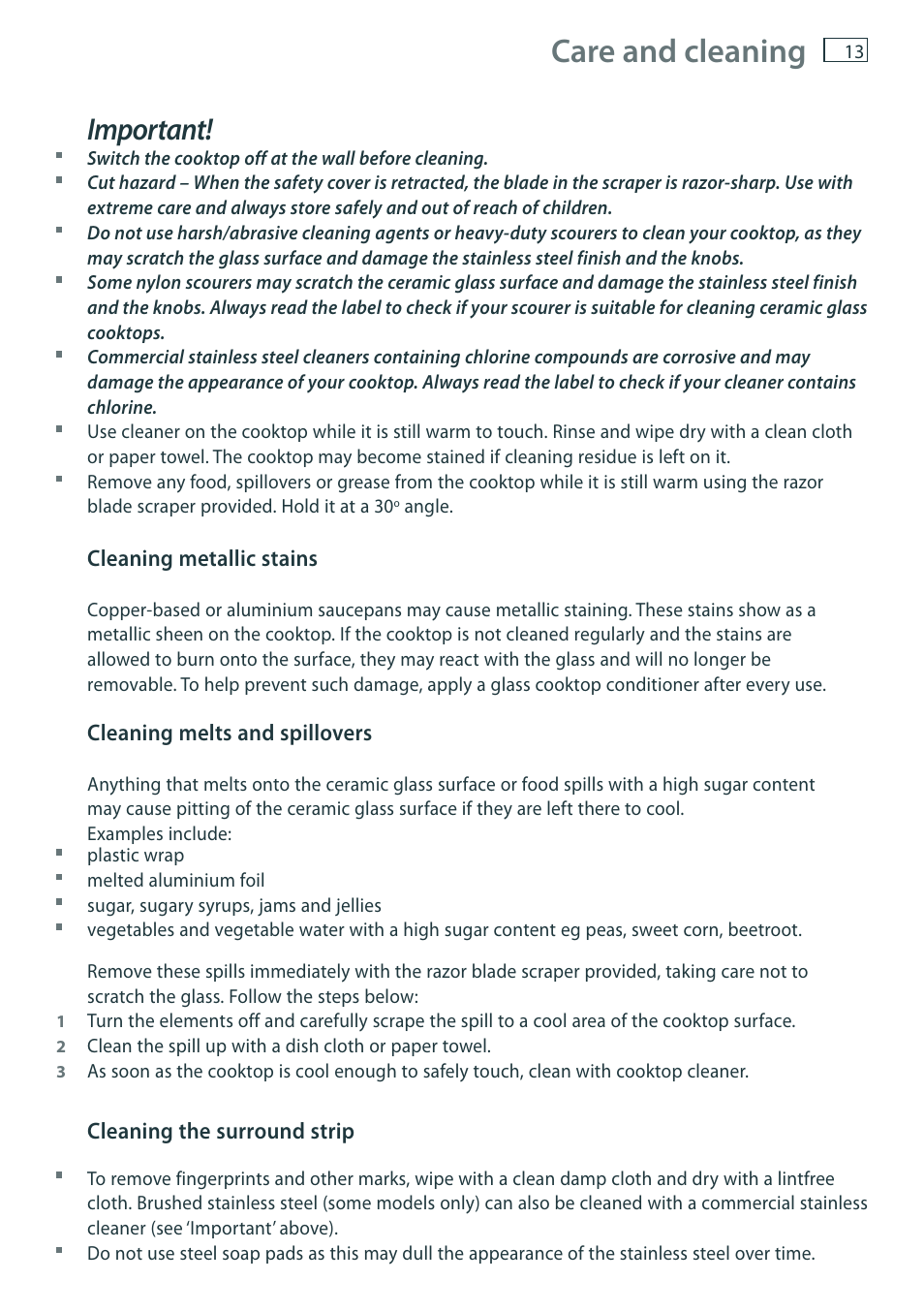 Care and cleaning, Important | Fisher & Paykel CT6551S User Manual | Page 15 / 20
