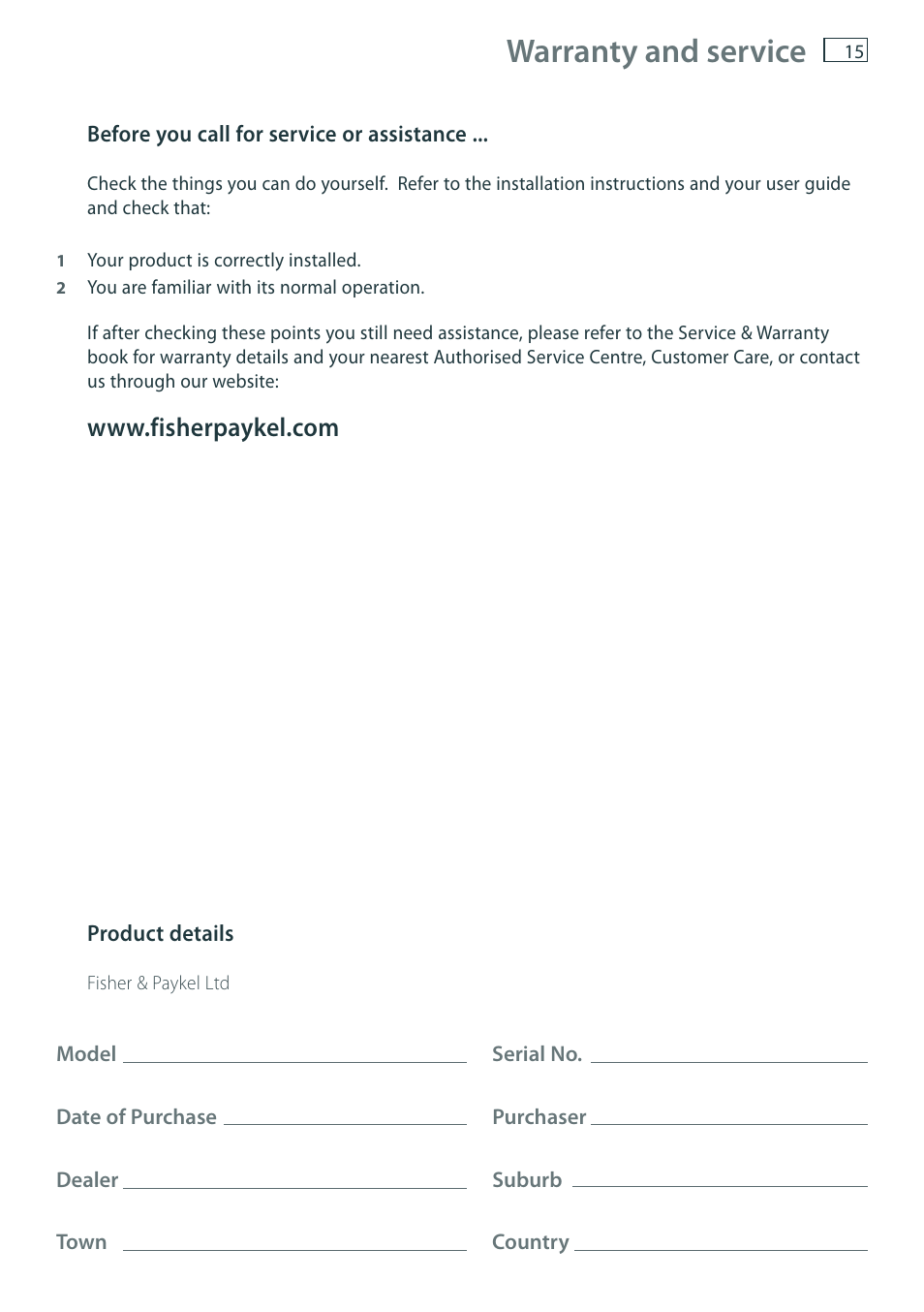 Warranty and service | Fisher & Paykel CT6551S User Manual | Page 17 / 20