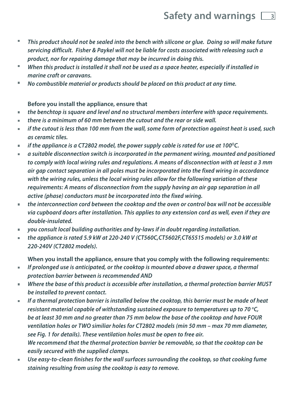 Safety and warnings | Fisher & Paykel CT6551S User Manual | Page 5 / 20