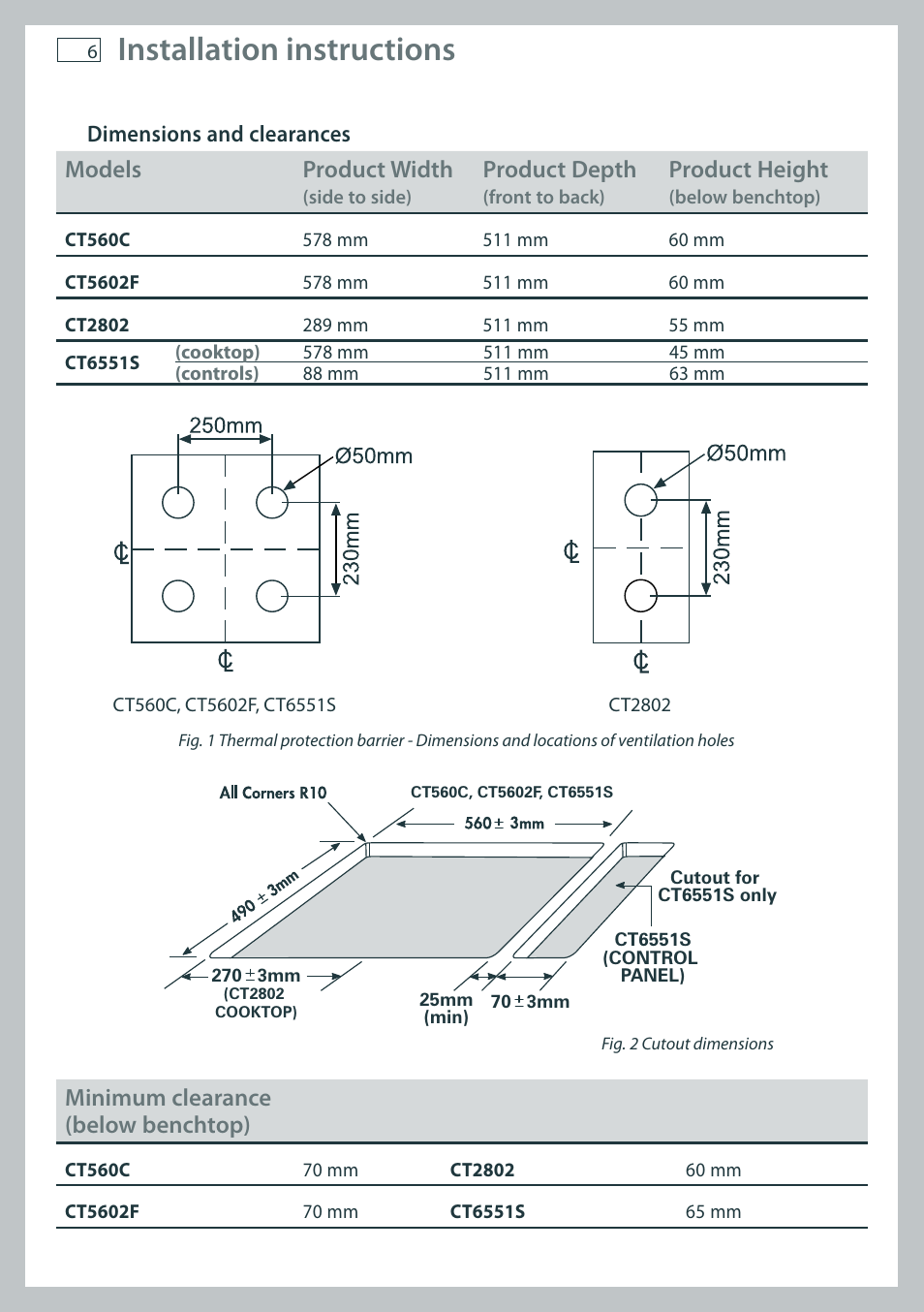 Installation instructions, Models product width, Product depth | Product height, Minimum clearance (below benchtop) | Fisher & Paykel CT6551S User Manual | Page 8 / 20