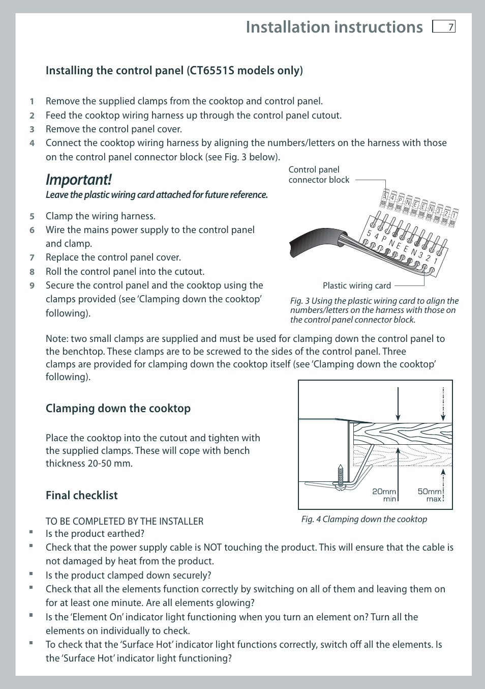 Installation instructions, Important | Fisher & Paykel CT6551S User Manual | Page 9 / 20