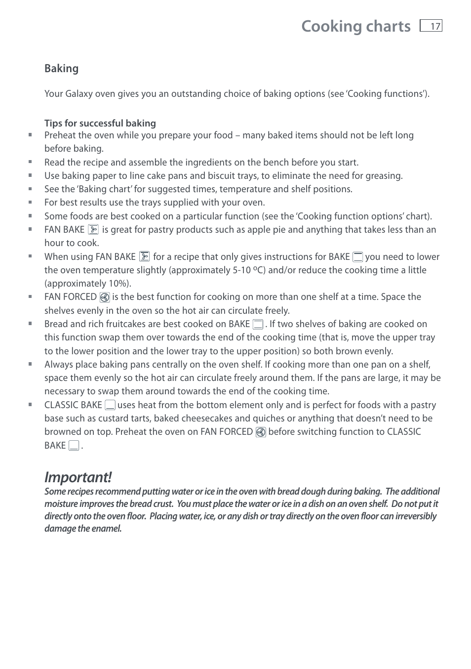 Cooking charts, Important | Fisher & Paykel DI1203 User Manual | Page 19 / 36