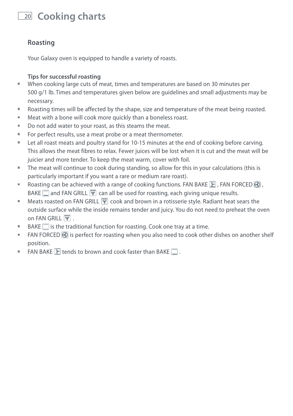 Cooking charts | Fisher & Paykel DI1203 User Manual | Page 22 / 36