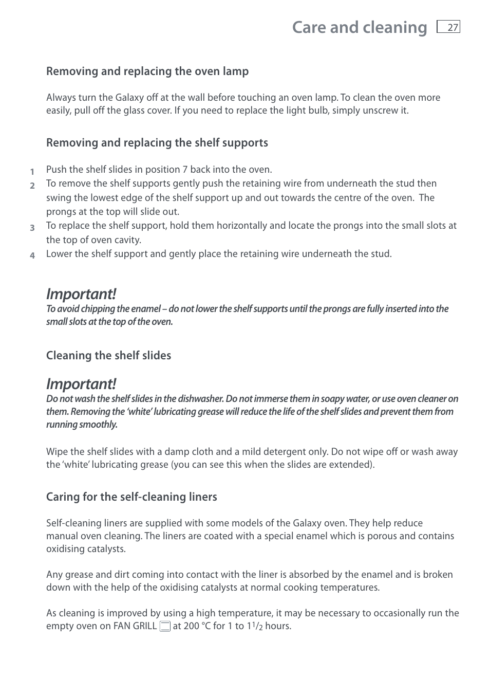 Care and cleaning, Important | Fisher & Paykel DI1203 User Manual | Page 29 / 36