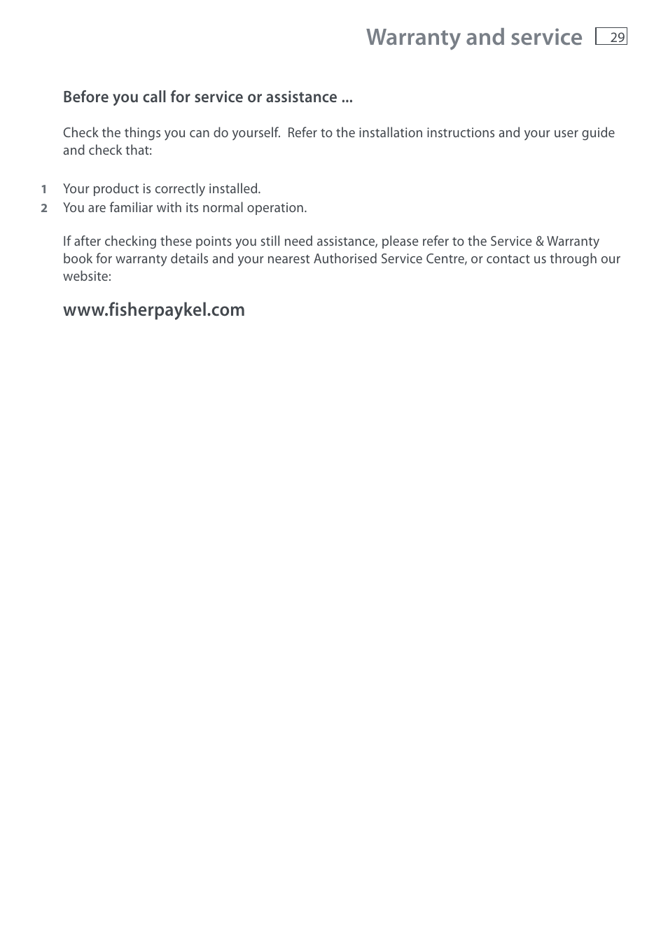 Warranty and service | Fisher & Paykel DI1203 User Manual | Page 31 / 36