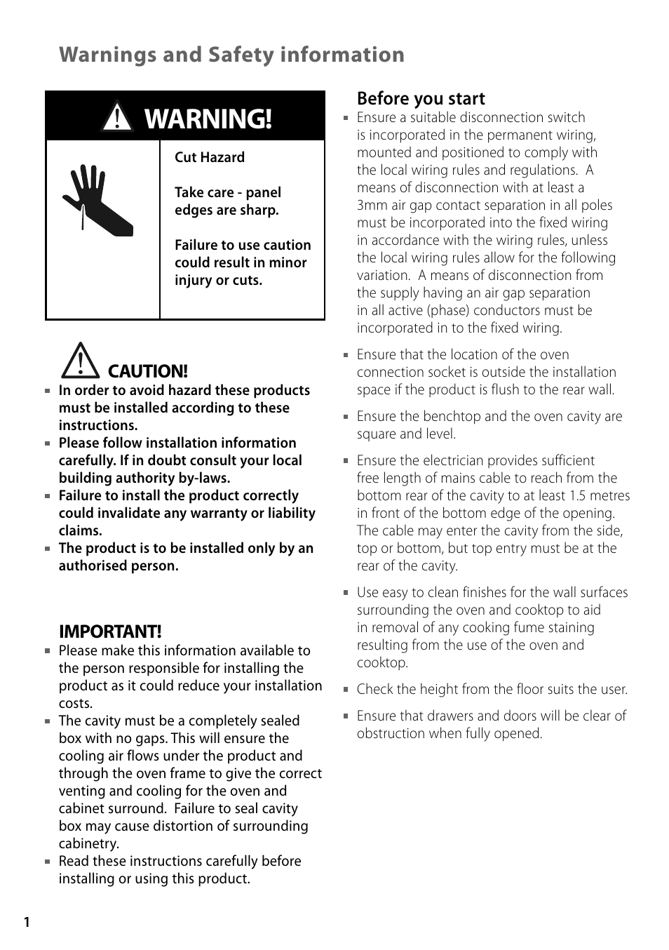 Warning, Warnings and safety information, Caution | Important, Before you start | Fisher & Paykel NZ User Manual | Page 2 / 8