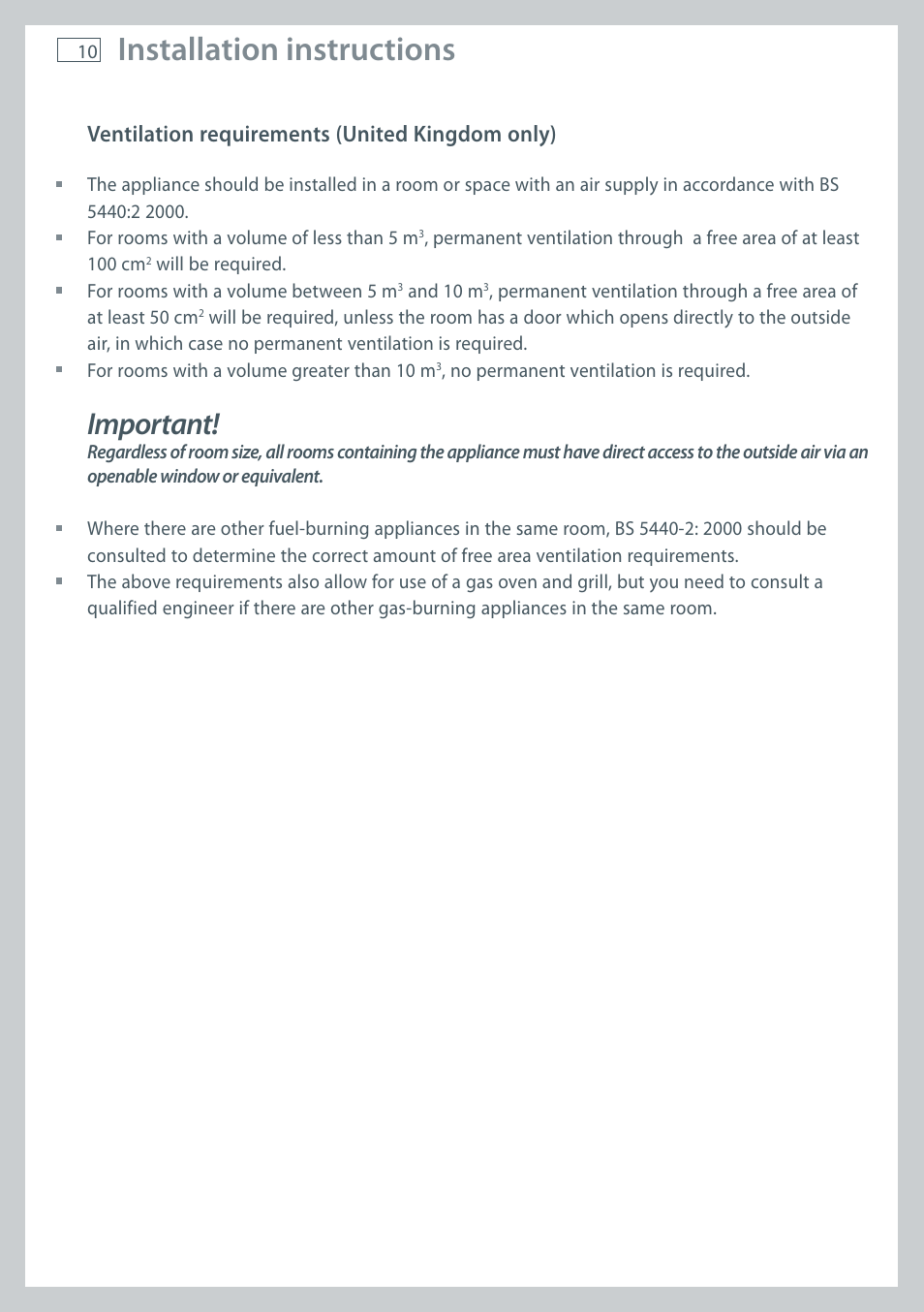 Installation instructions, Important, Ventilation requirements (united kingdom only) | Fisher & Paykel CG755 User Manual | Page 12 / 36