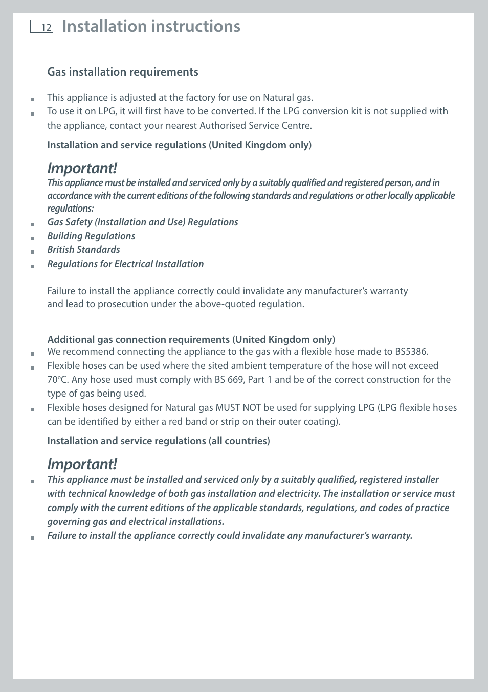 Installation instructions, Important | Fisher & Paykel CG755 User Manual | Page 14 / 36