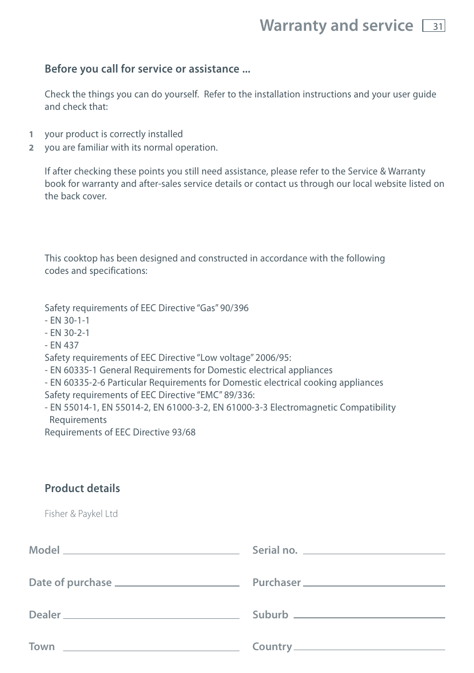 Warranty and service | Fisher & Paykel CG755 User Manual | Page 33 / 36