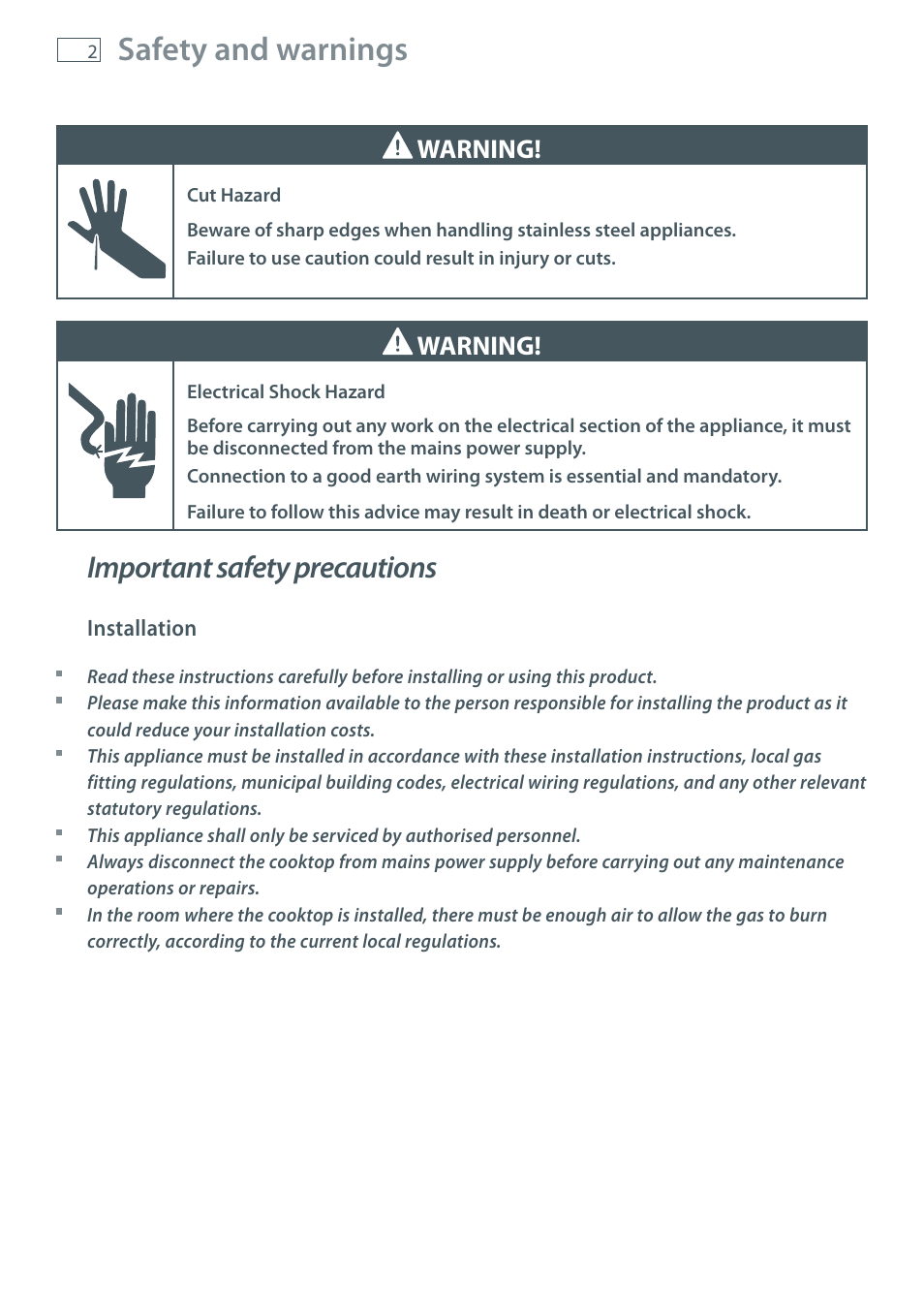 Safety and warnings, Important safety precautions, Warning | Fisher & Paykel CG755 User Manual | Page 4 / 36