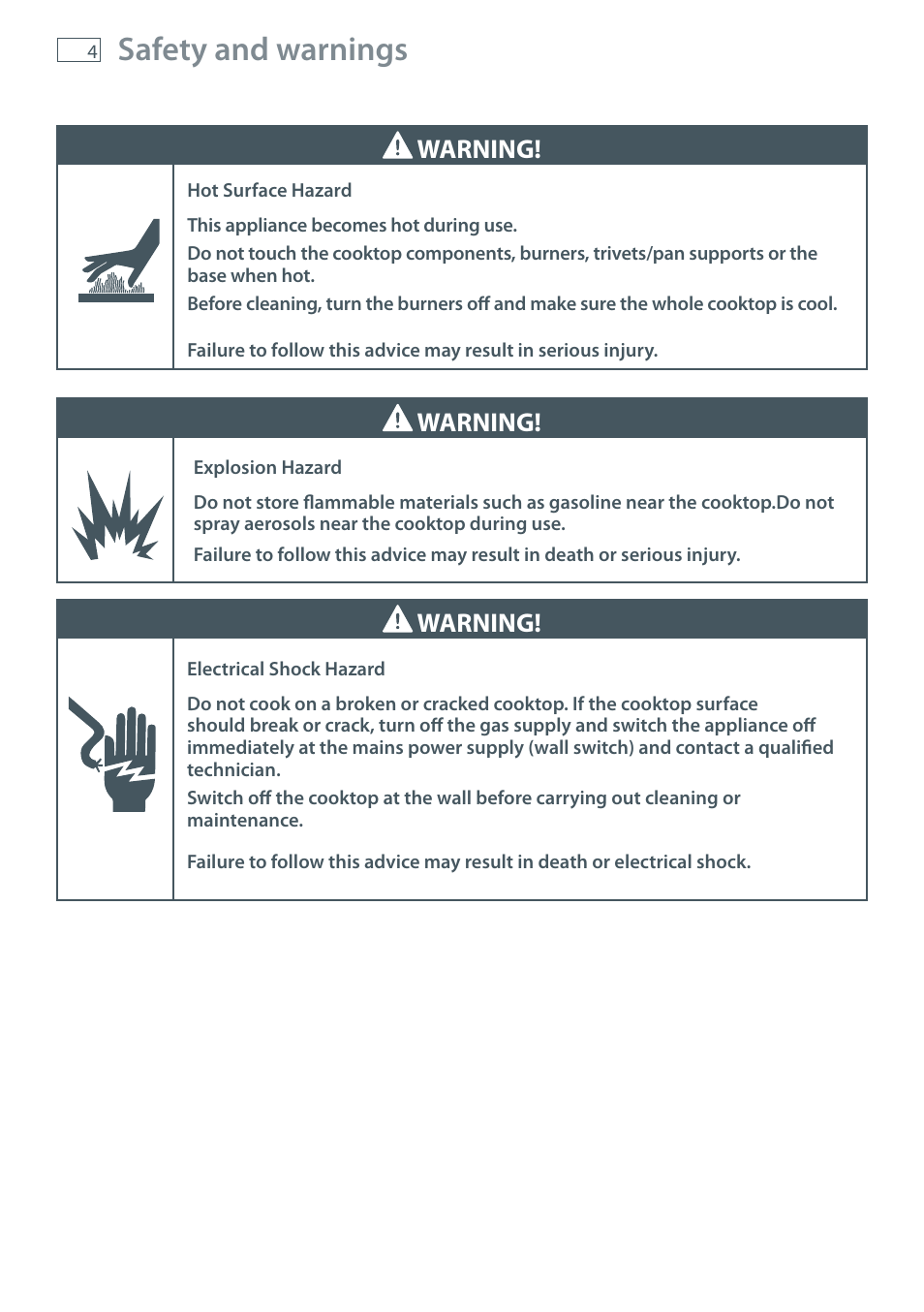 Safety and warnings, Warning | Fisher & Paykel CG755 User Manual | Page 6 / 36