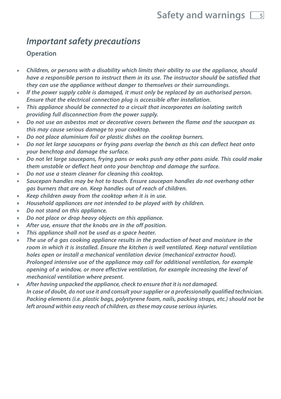 Safety and warnings, Important safety precautions | Fisher & Paykel CG755 User Manual | Page 7 / 36