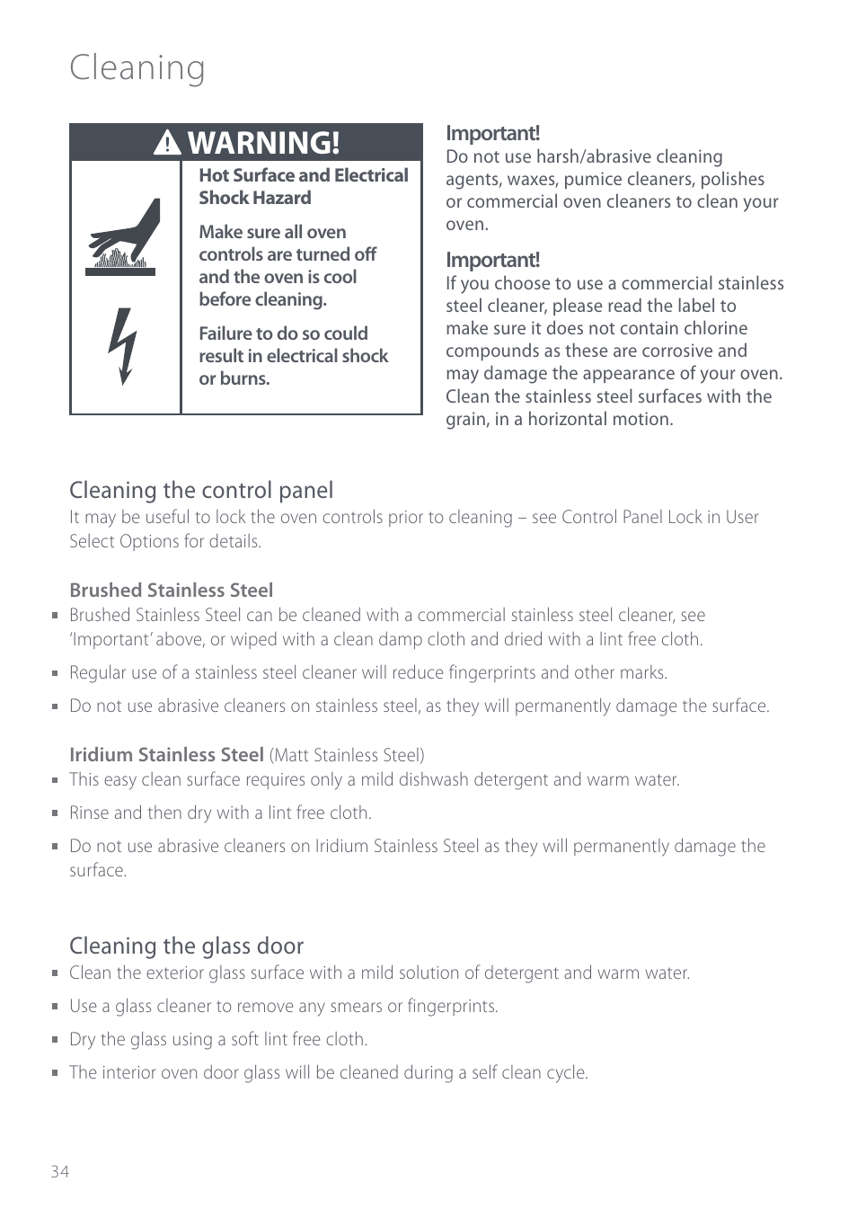 Cleaning, Warning, Cleaning the control panel | Cleaning the glass door | Fisher & Paykel Aerotech OD302 User Manual | Page 36 / 48