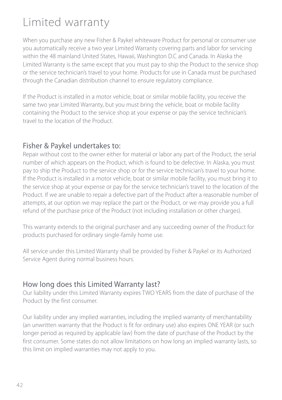 Limited warranty | Fisher & Paykel Aerotech OD302 User Manual | Page 44 / 48