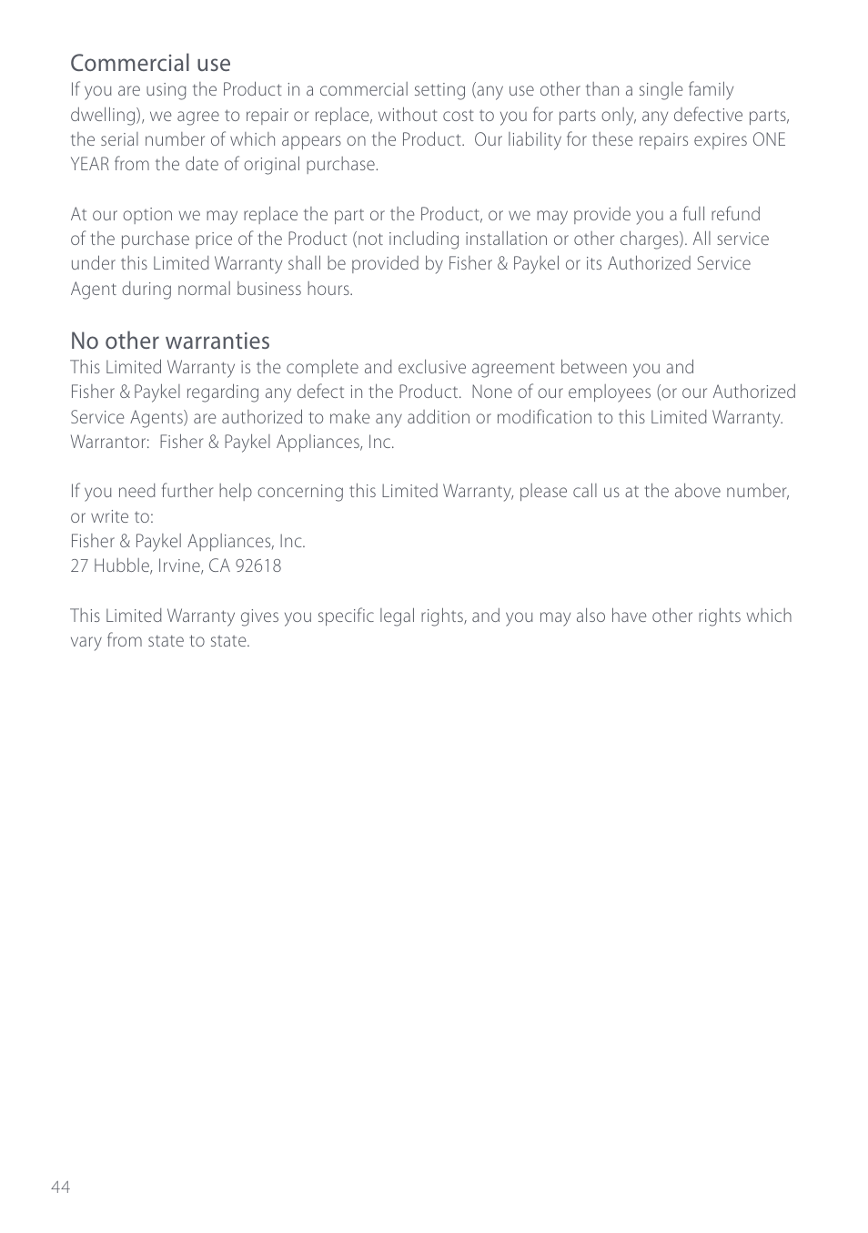 Commercial use, No other warranties | Fisher & Paykel Aerotech OD302 User Manual | Page 46 / 48