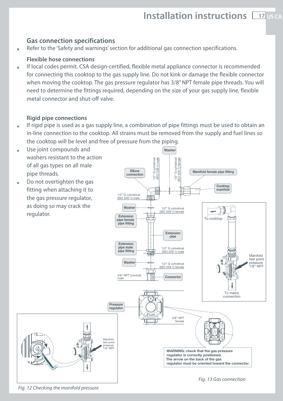 Installation instructions, Gas connection specifications, Us ca | Fisher & Paykel CG122 User Manual | Page 19 / 96
