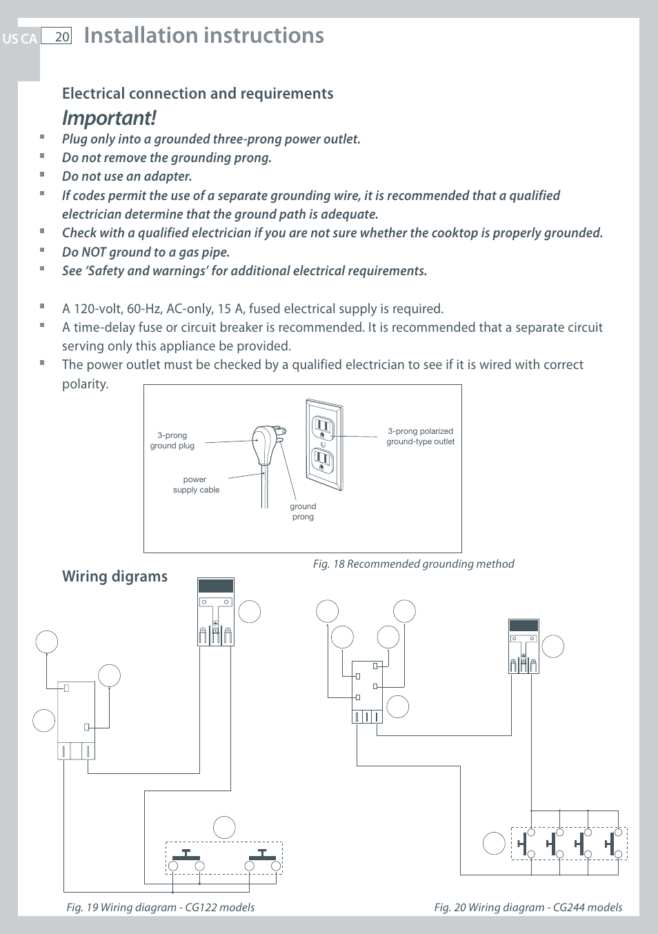 Installation instructions, Important, Electrical connection and requirements | Wiring digrams | Fisher & Paykel CG122 User Manual | Page 22 / 96