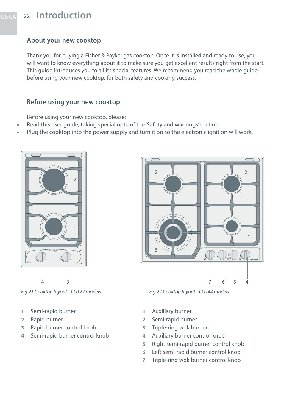 Introduction, About your new cooktop, Before using your new cooktop | Fisher & Paykel CG122 User Manual | Page 24 / 96