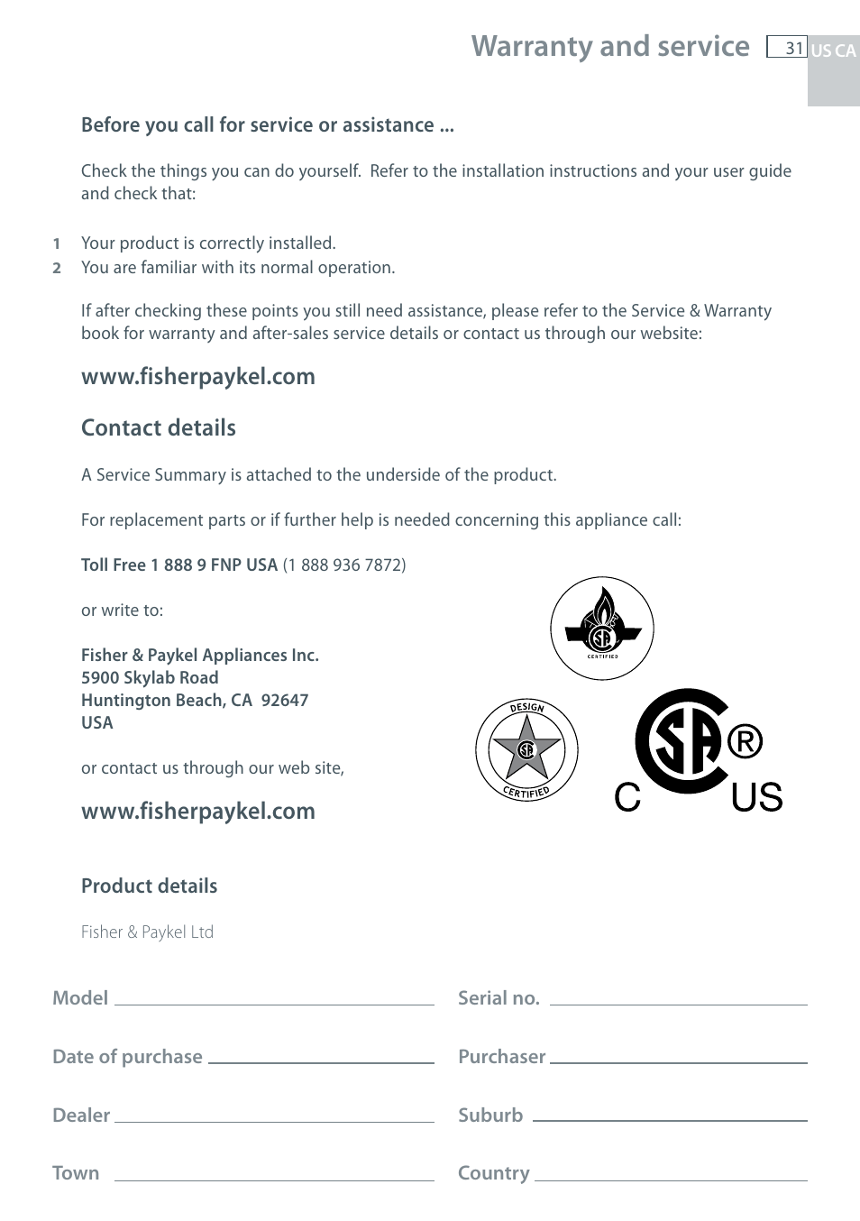 Warranty and service | Fisher & Paykel CG122 User Manual | Page 33 / 96