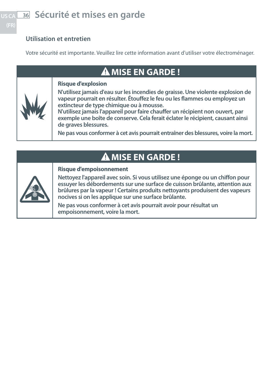 Sécurité et mises en garde, Mise en garde | Fisher & Paykel CG122 User Manual | Page 38 / 96