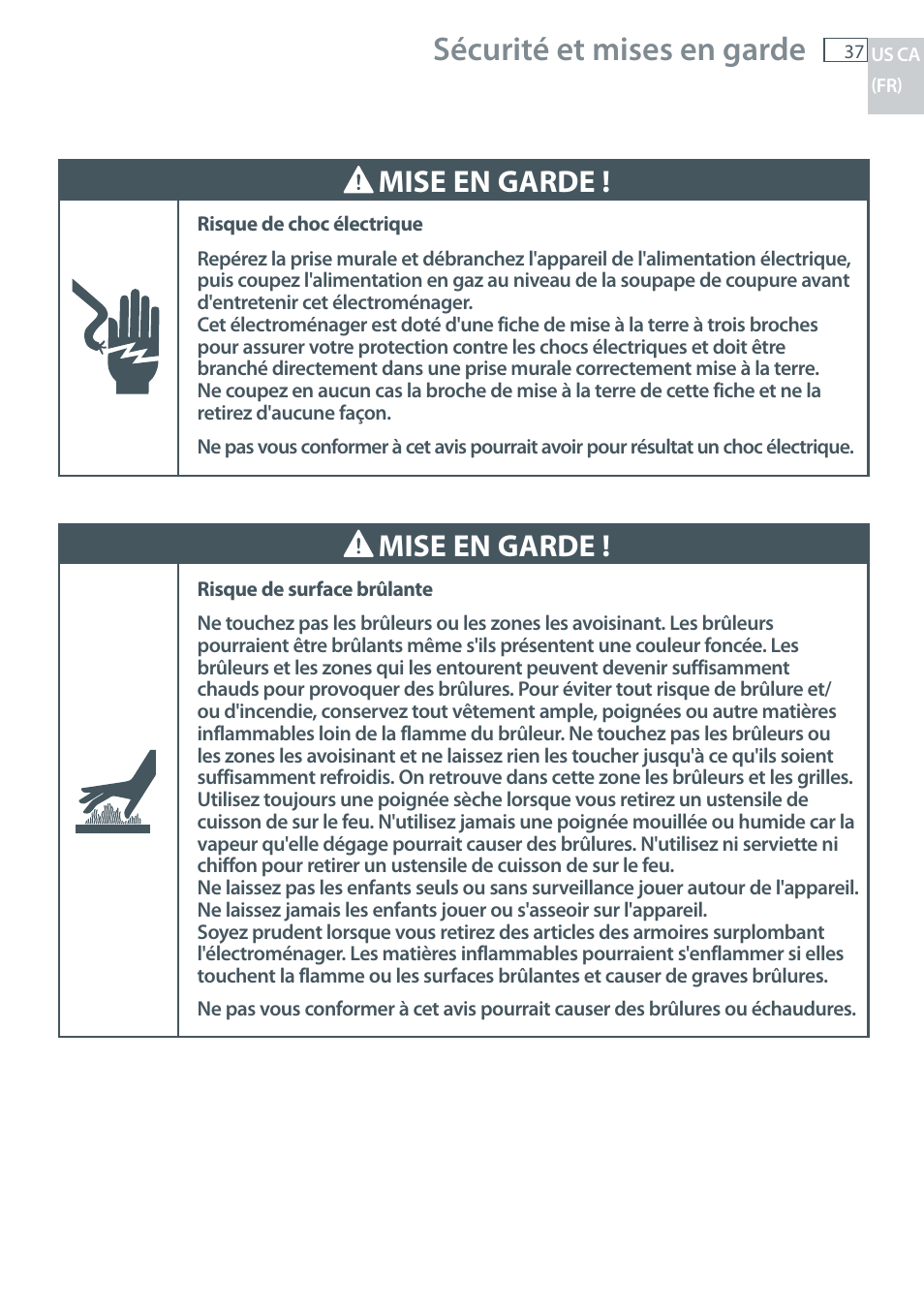 Sécurité et mises en garde, Mise en garde | Fisher & Paykel CG122 User Manual | Page 39 / 96