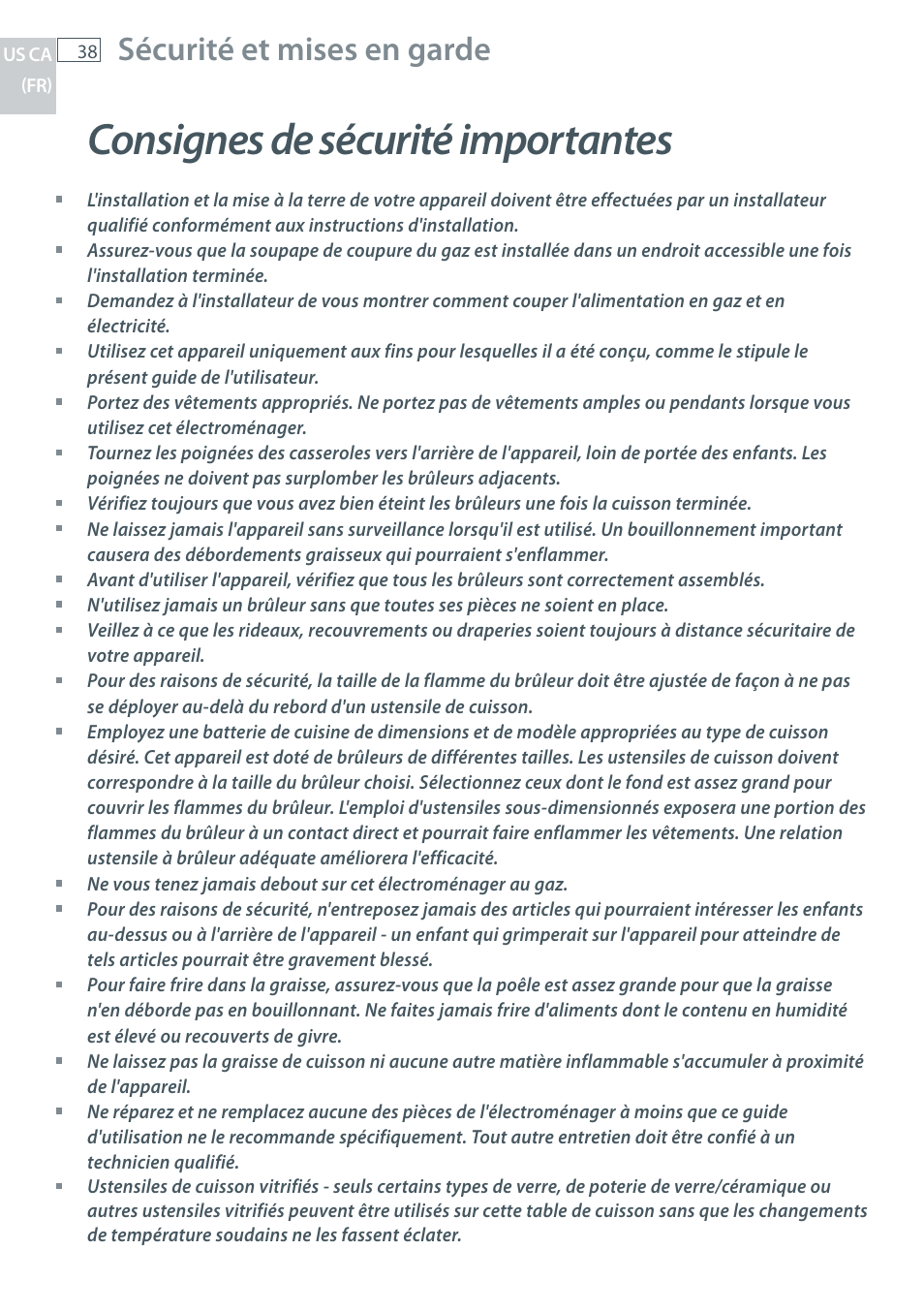 Consignes de sécurité importantes, Sécurité et mises en garde | Fisher & Paykel CG122 User Manual | Page 40 / 96