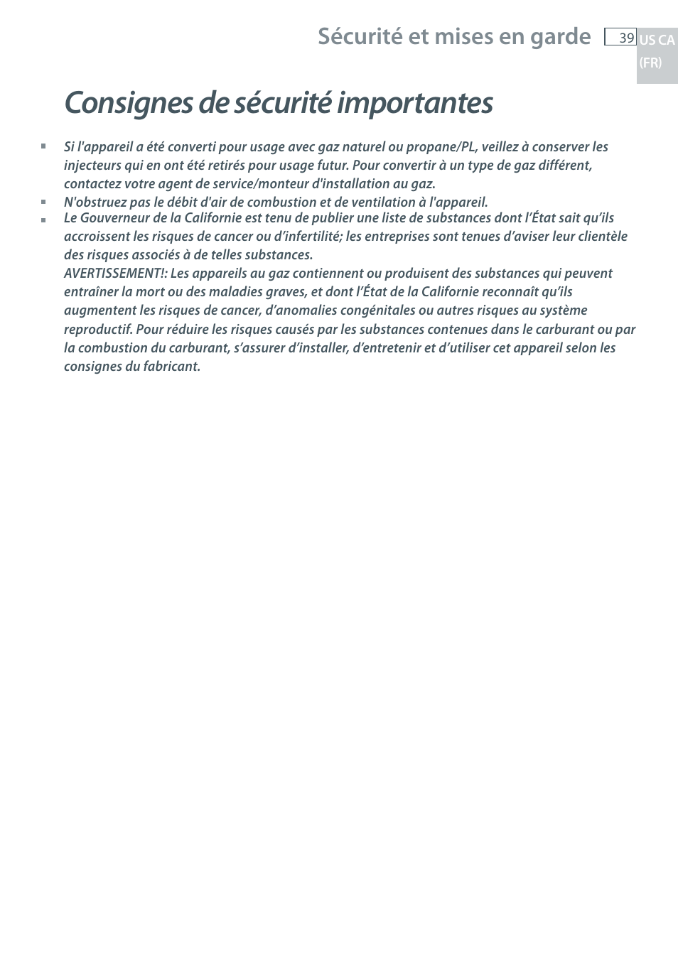 Consignes de sécurité importantes, Sécurité et mises en garde | Fisher & Paykel CG122 User Manual | Page 41 / 96