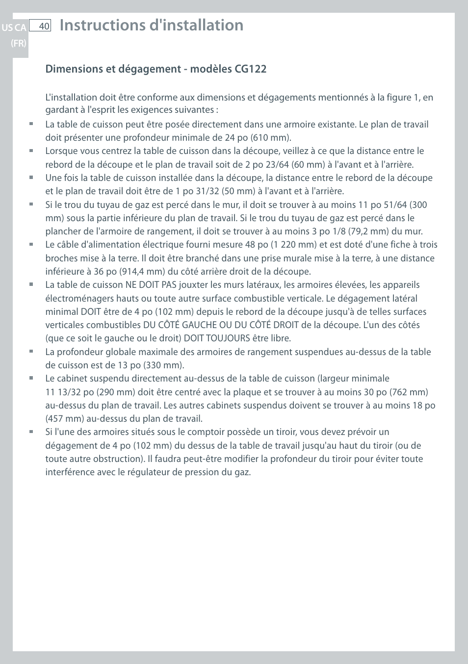 Instructions d'installation | Fisher & Paykel CG122 User Manual | Page 42 / 96