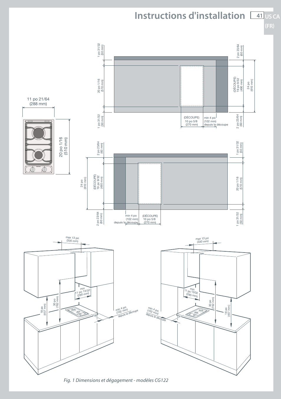 Instructions d'installation, 41 us ca (fr), Fig. 1 dimensions et dégagement - modèles cg122 | Fisher & Paykel CG122 User Manual | Page 43 / 96