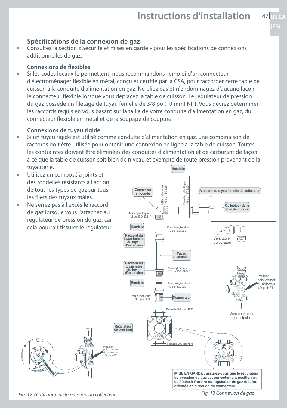 Instructions d'installation, Spécifications de la connexion de gaz, 47 us ca (fr) | Fisher & Paykel CG122 User Manual | Page 49 / 96