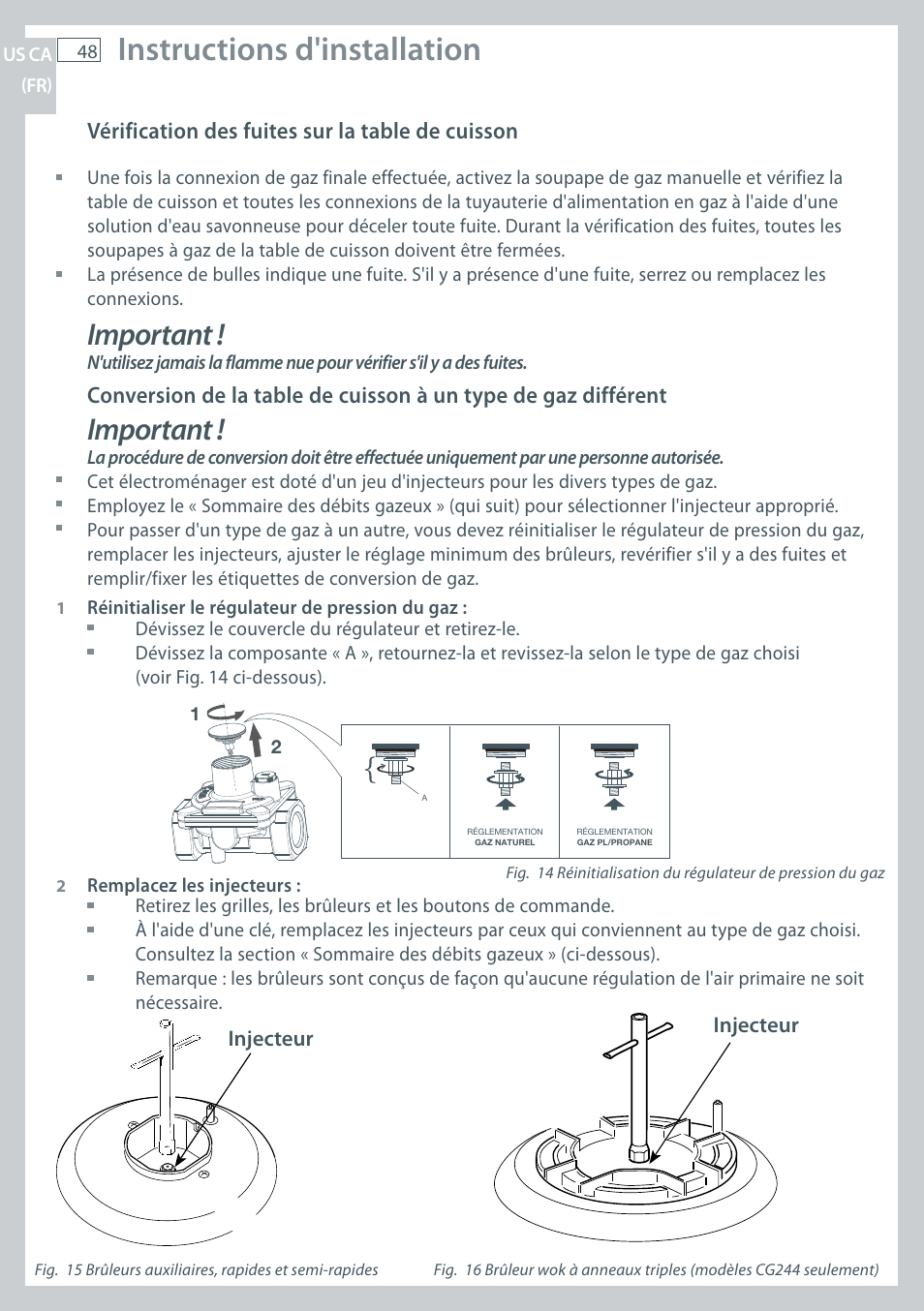 Instructions d'installation, Important | Fisher & Paykel CG122 User Manual | Page 50 / 96