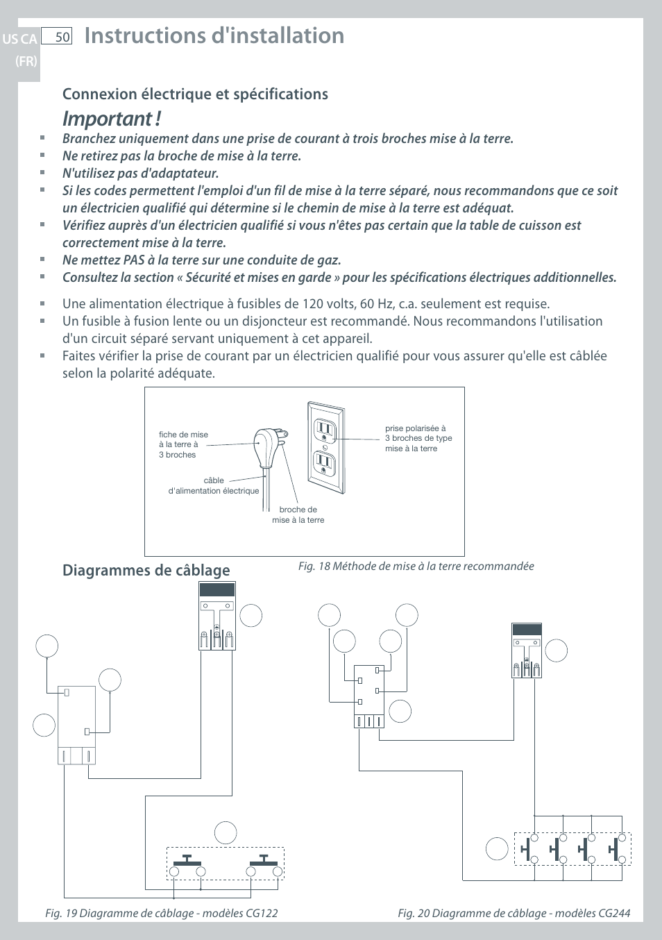 Instructions d'installation, Important, Connexion électrique et spécifications | Diagrammes de câblage | Fisher & Paykel CG122 User Manual | Page 52 / 96