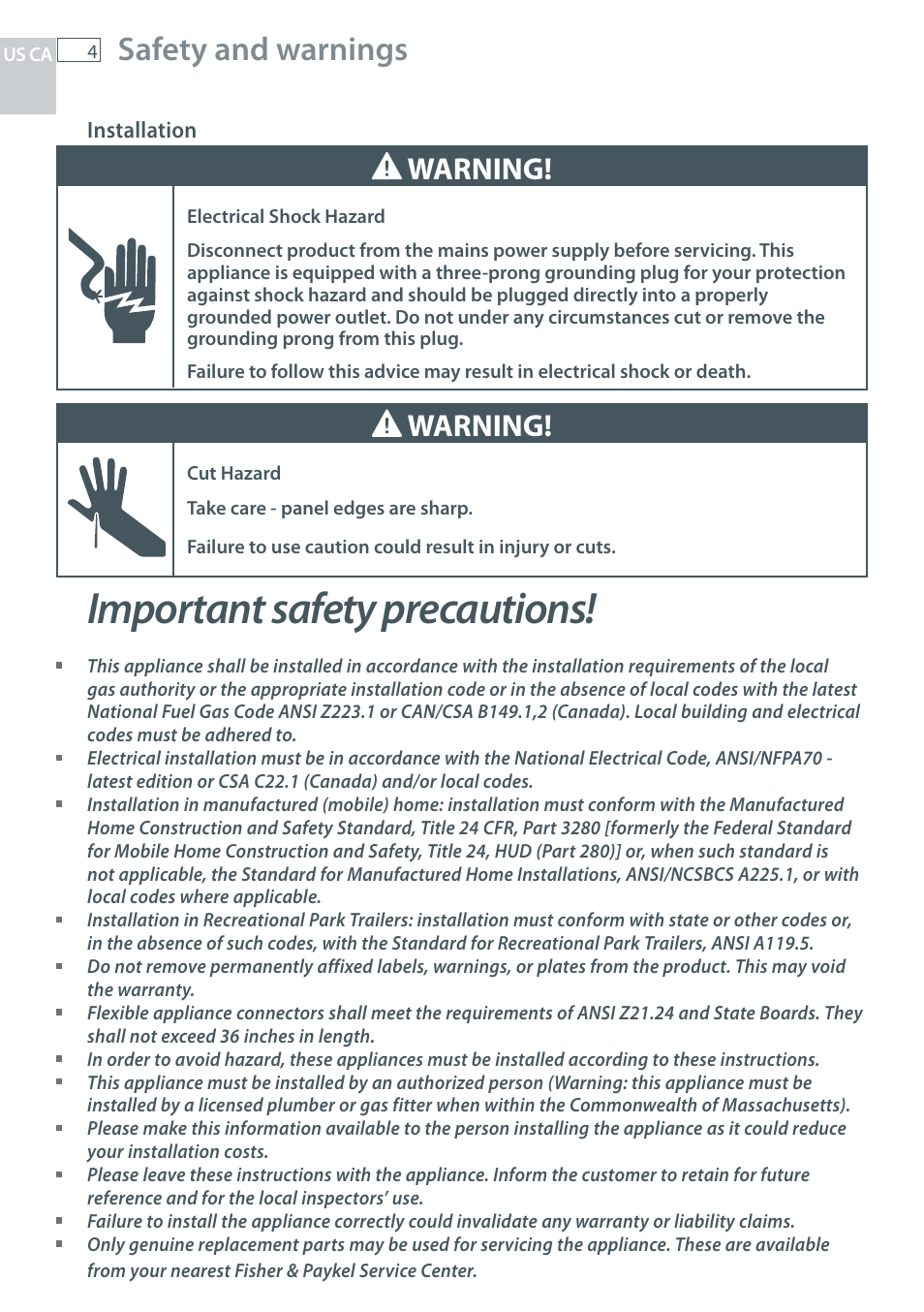 Important safety precautions, Safety and warnings, Warning | Fisher & Paykel CG122 User Manual | Page 6 / 96