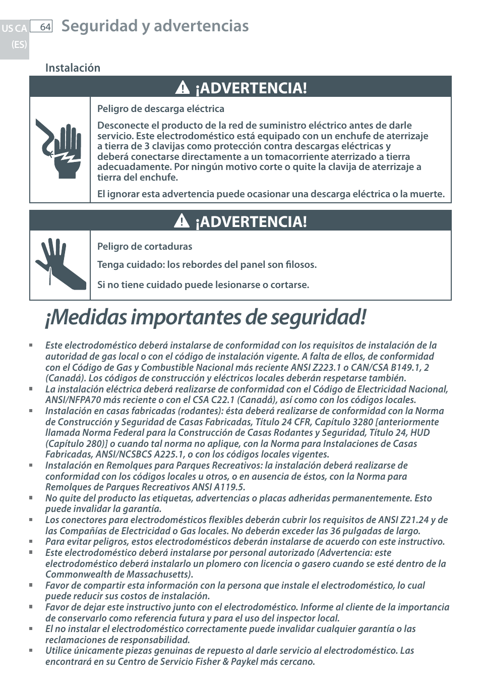 Medidas importantes de seguridad, Seguridad y advertencias, Advertencia | Fisher & Paykel CG122 User Manual | Page 66 / 96