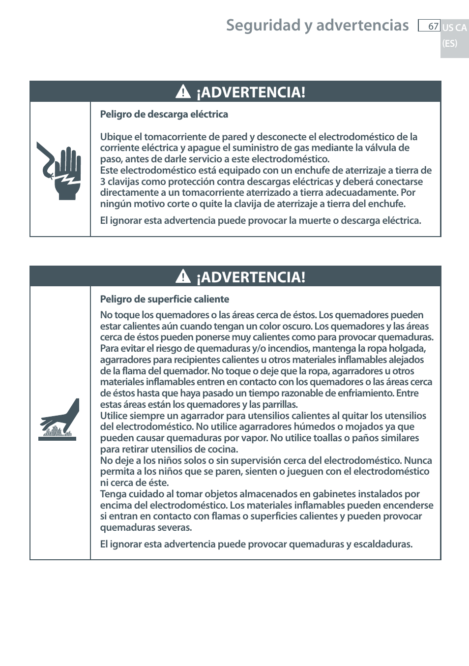 Seguridad y advertencias, Advertencia | Fisher & Paykel CG122 User Manual | Page 69 / 96