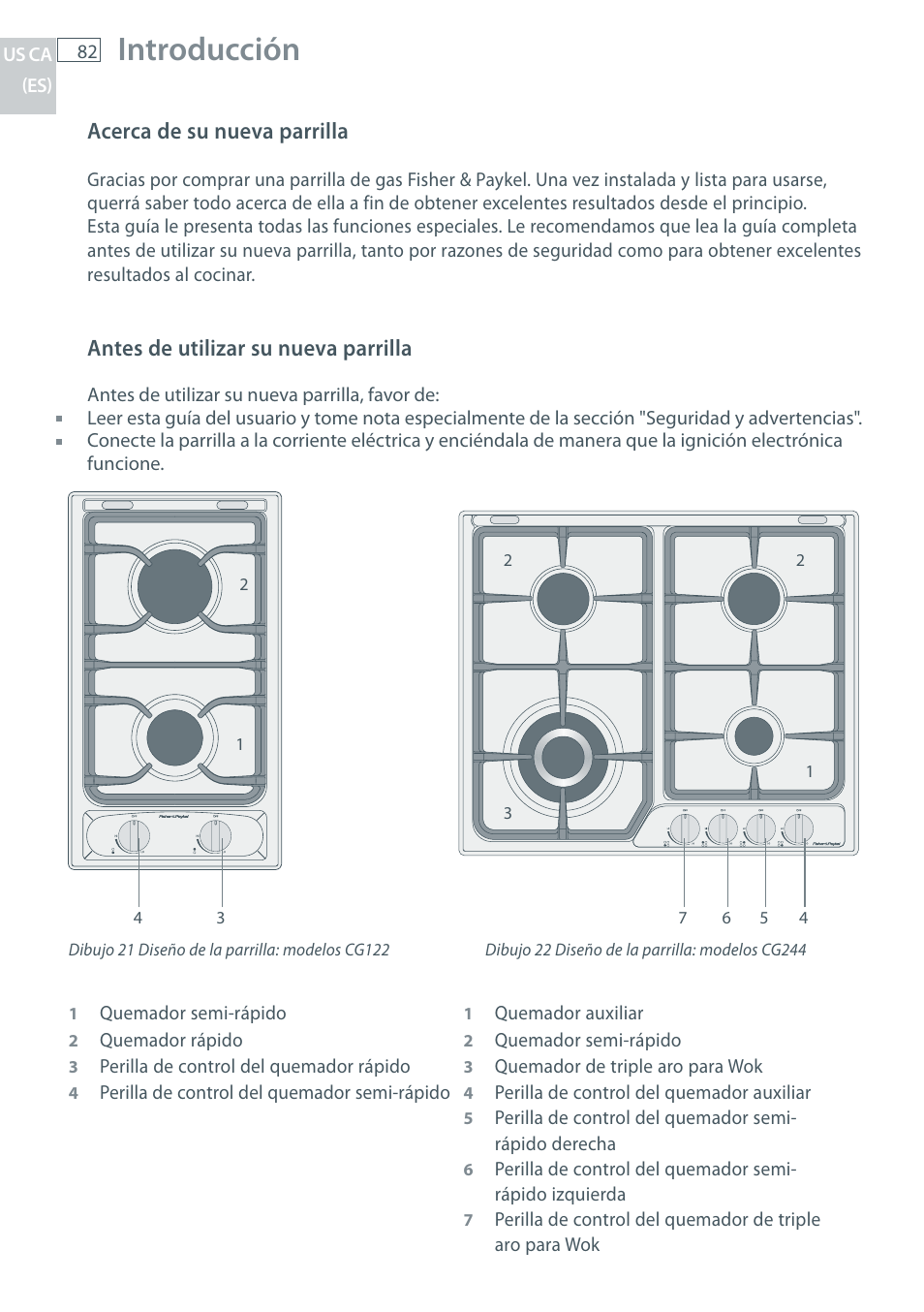 Introducción, Acerca de su nueva parrilla, Antes de utilizar su nueva parrilla | Fisher & Paykel CG122 User Manual | Page 84 / 96