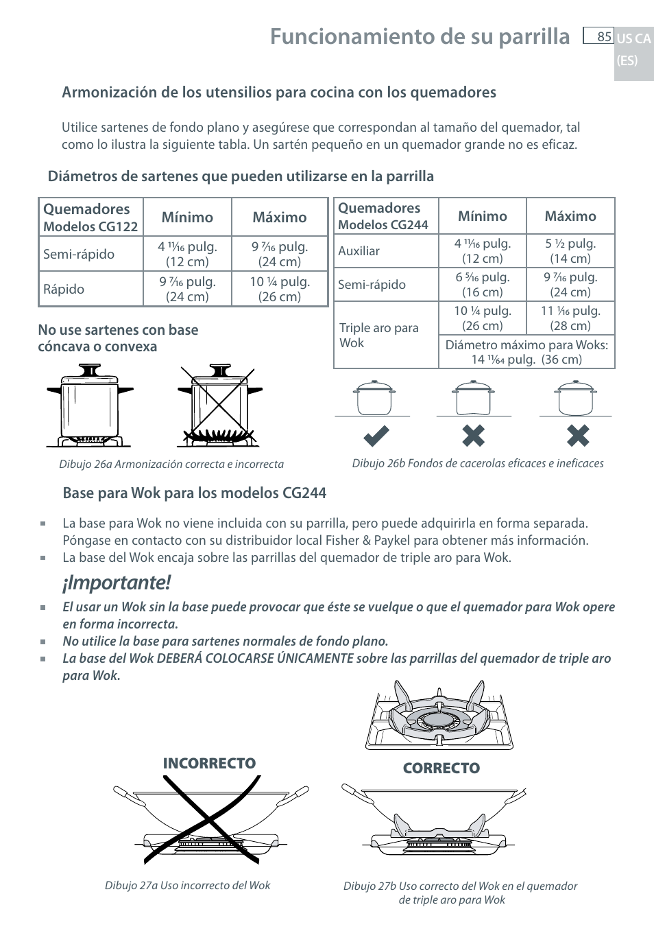 Funcionamiento de su parrilla, Importante | Fisher & Paykel CG122 User Manual | Page 87 / 96