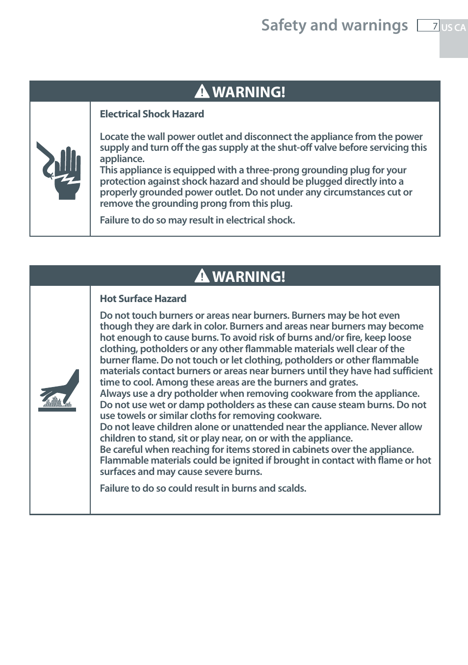 Safety and warnings, Warning | Fisher & Paykel CG122 User Manual | Page 9 / 96