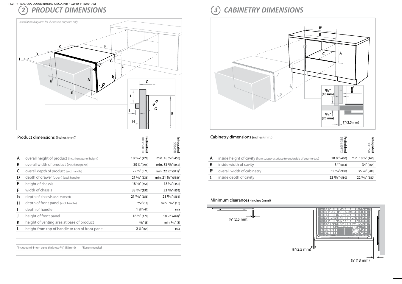 Product dimensions cabinetry dimensions | Fisher & Paykel DD36S User Manual | Page 2 / 8
