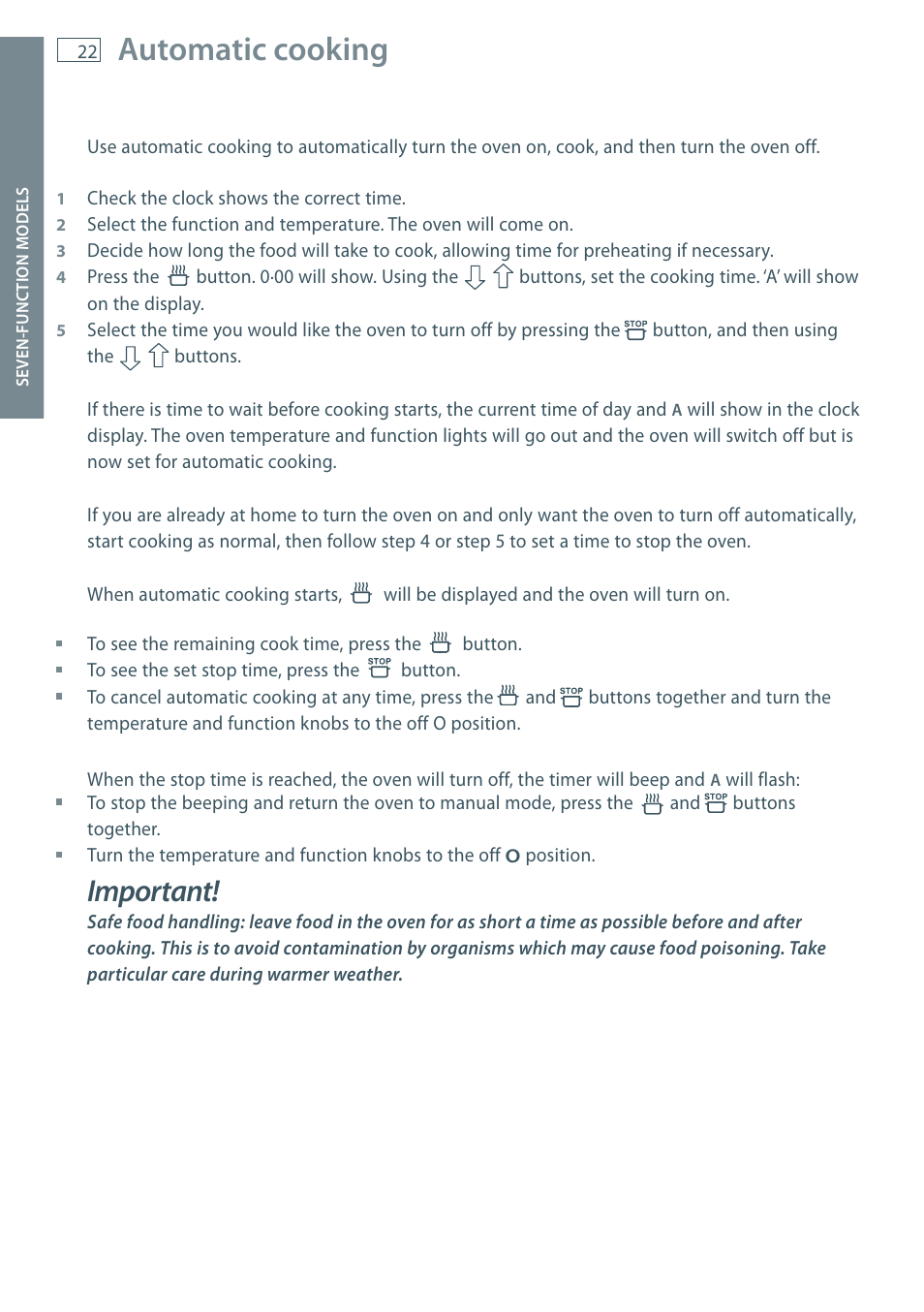 Automatic cooking, Important | Fisher & Paykel OR90 User Manual | Page 24 / 44