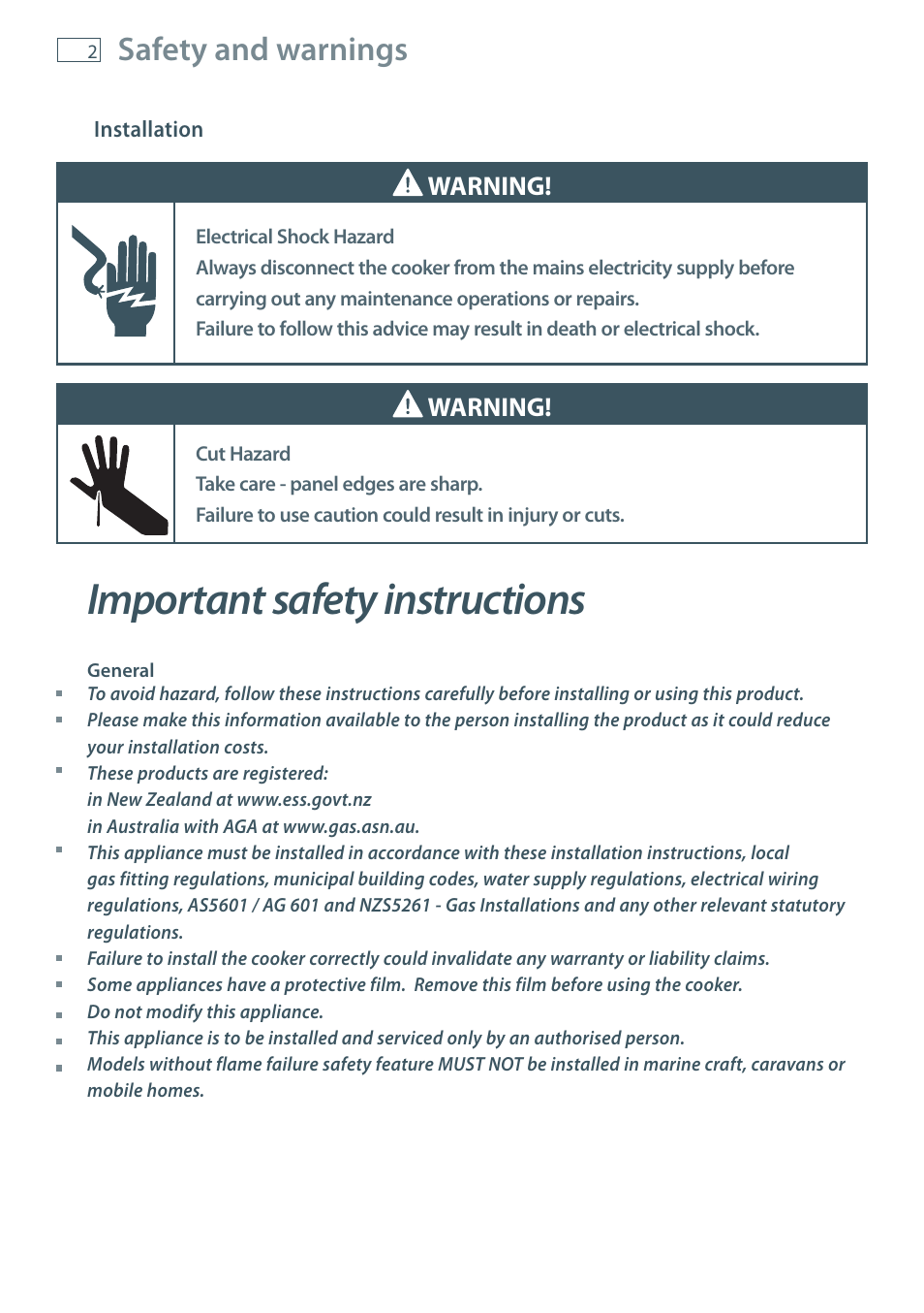 Important safety instructions, Safety and warnings, Warning | Fisher & Paykel OR90 User Manual | Page 4 / 44