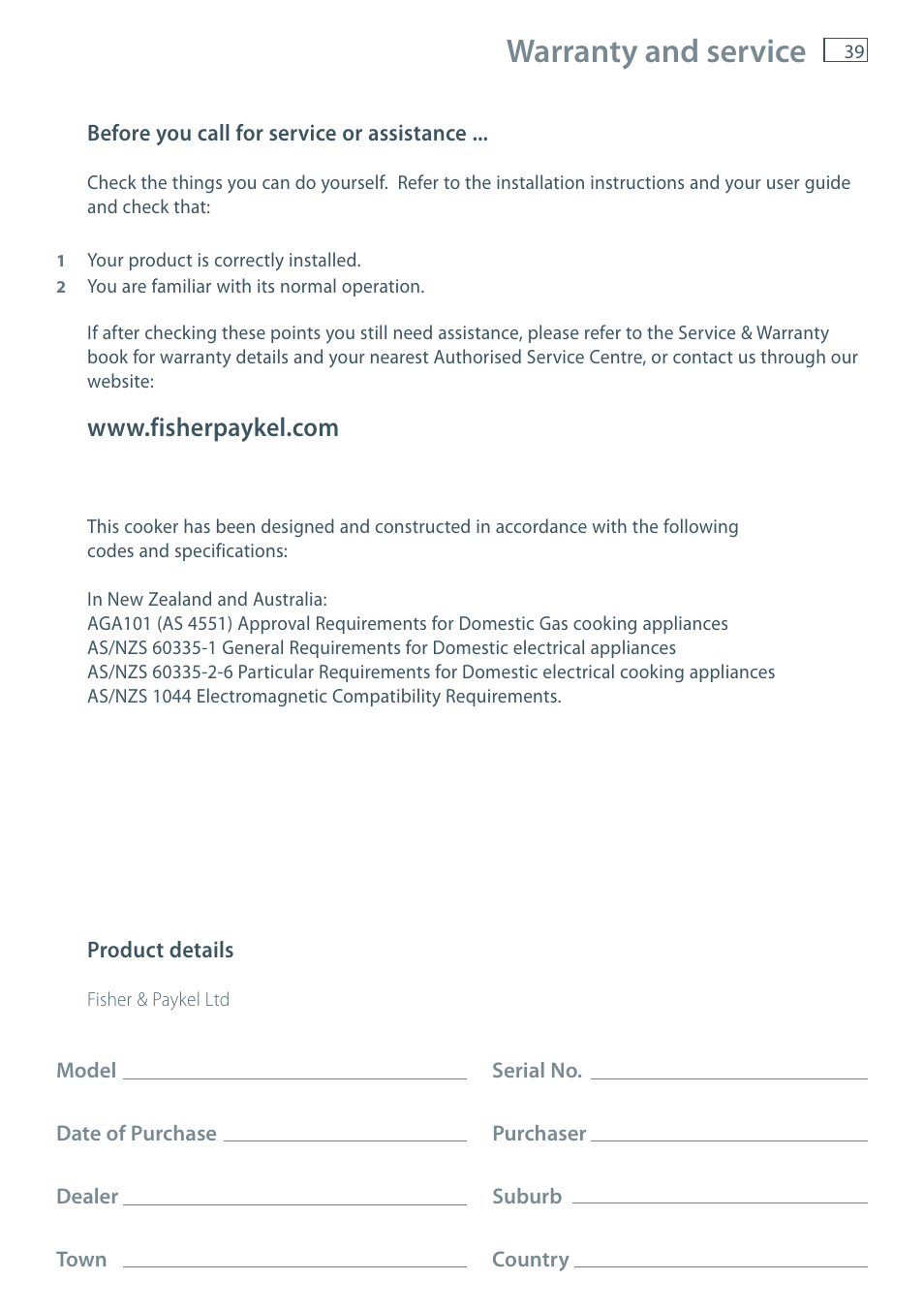 Warranty and service | Fisher & Paykel OR90 User Manual | Page 41 / 44