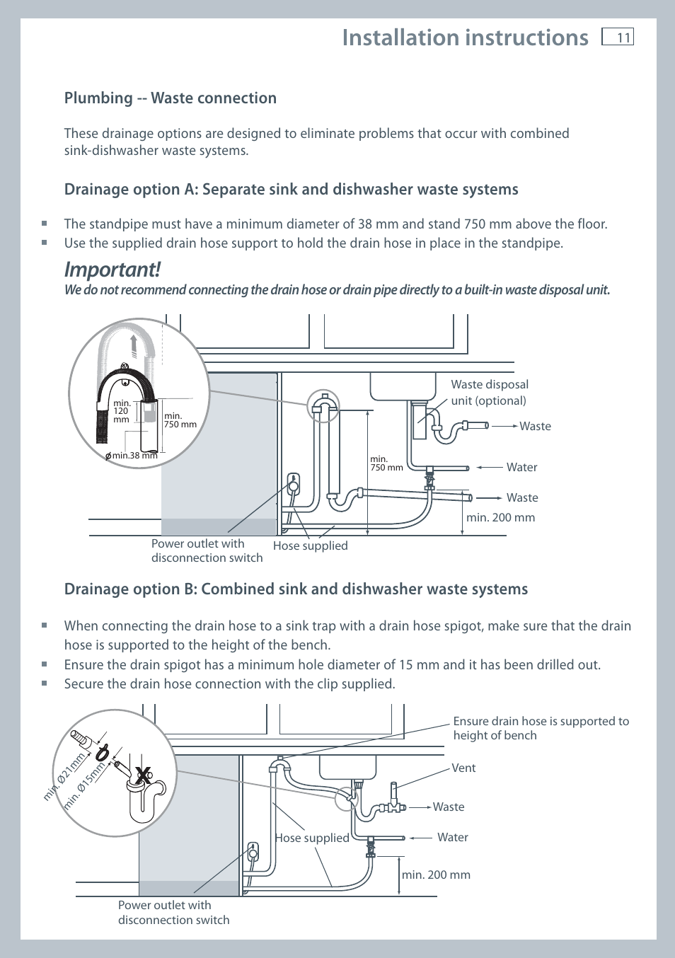 Installation instructions, Important, Plumbing -- waste connection | Fisher & Paykel DW60CE User Manual | Page 13 / 48